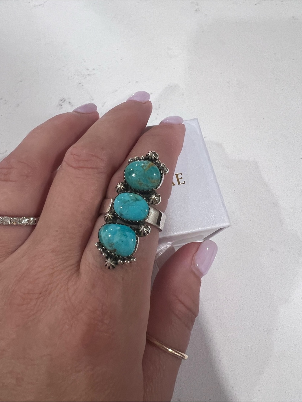 3-Stone Genuine Turquoise Sterling Silver Adjustable Ring - NWOT